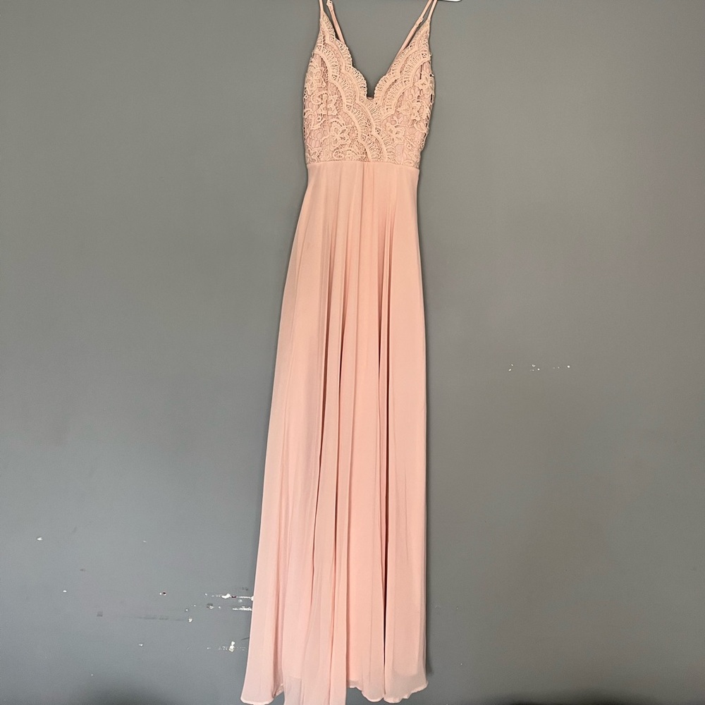 Light pink crochet top cross back LuLus gown/prom dress